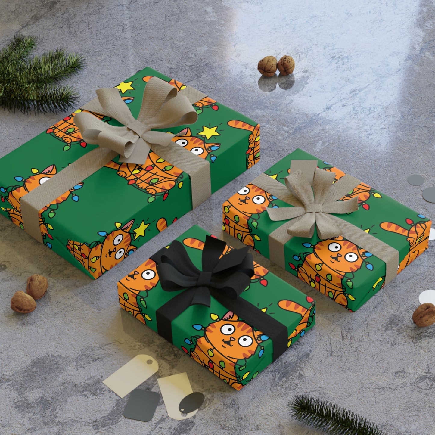 Orange Cat Tangled in Christmas Lights Wrapping Paper Roll (Green)