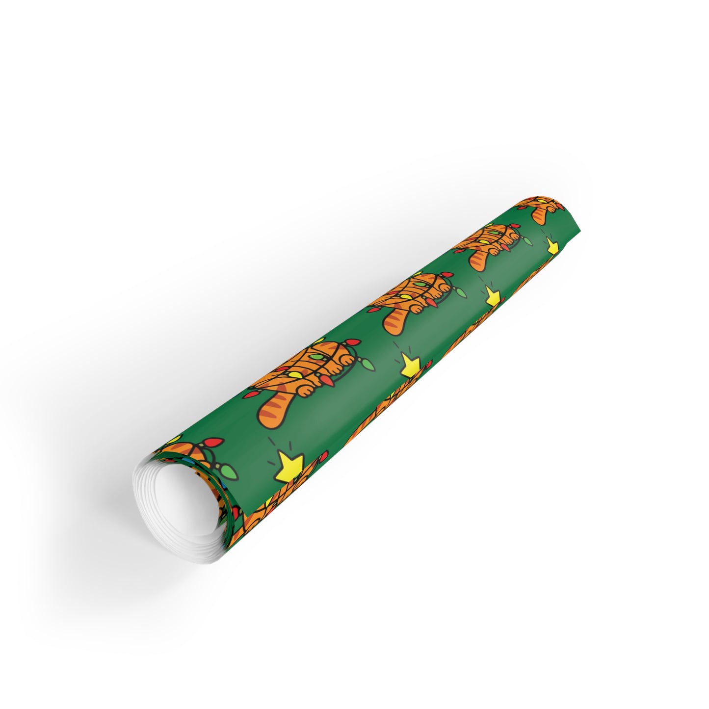 Orange Cat Tangled in Christmas Lights Wrapping Paper Roll (Green)