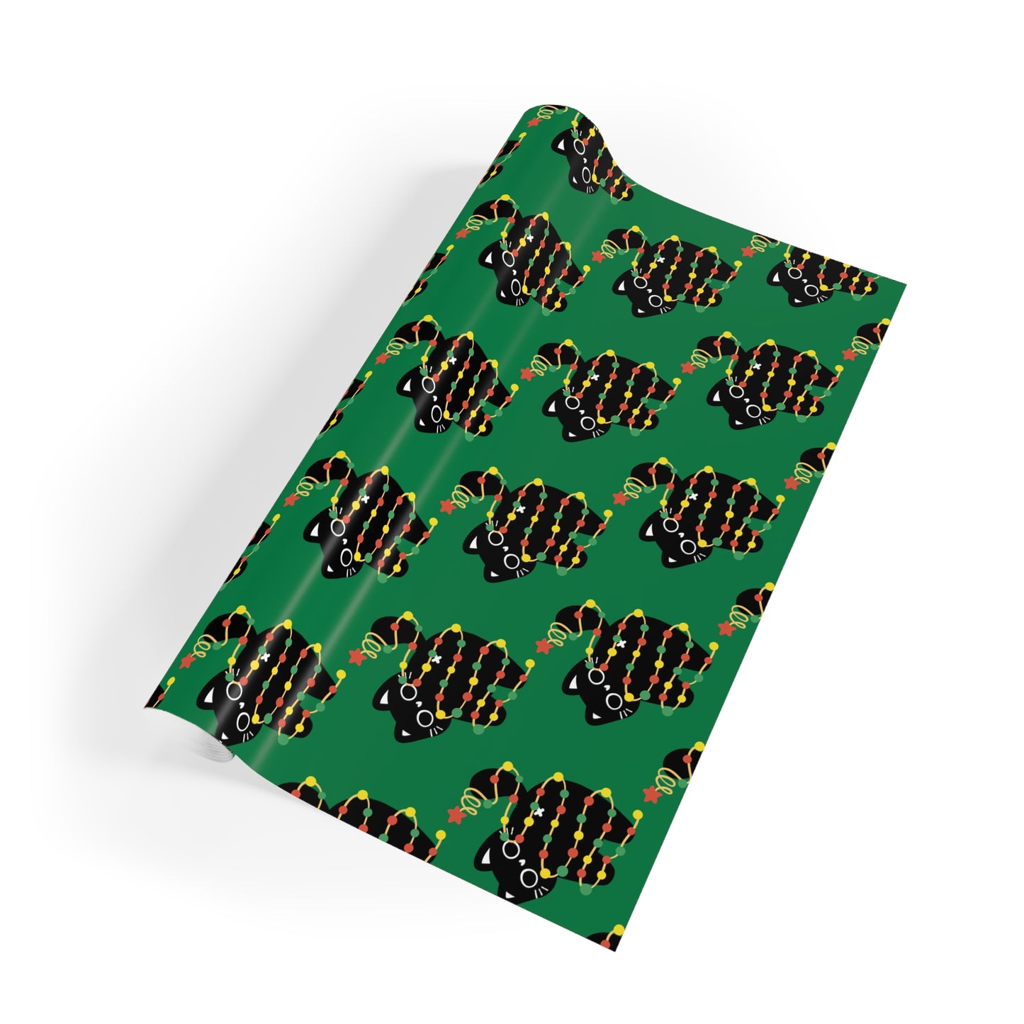 Cat Tangled in Christmas Lights Wrapping Paper Roll (Green)
