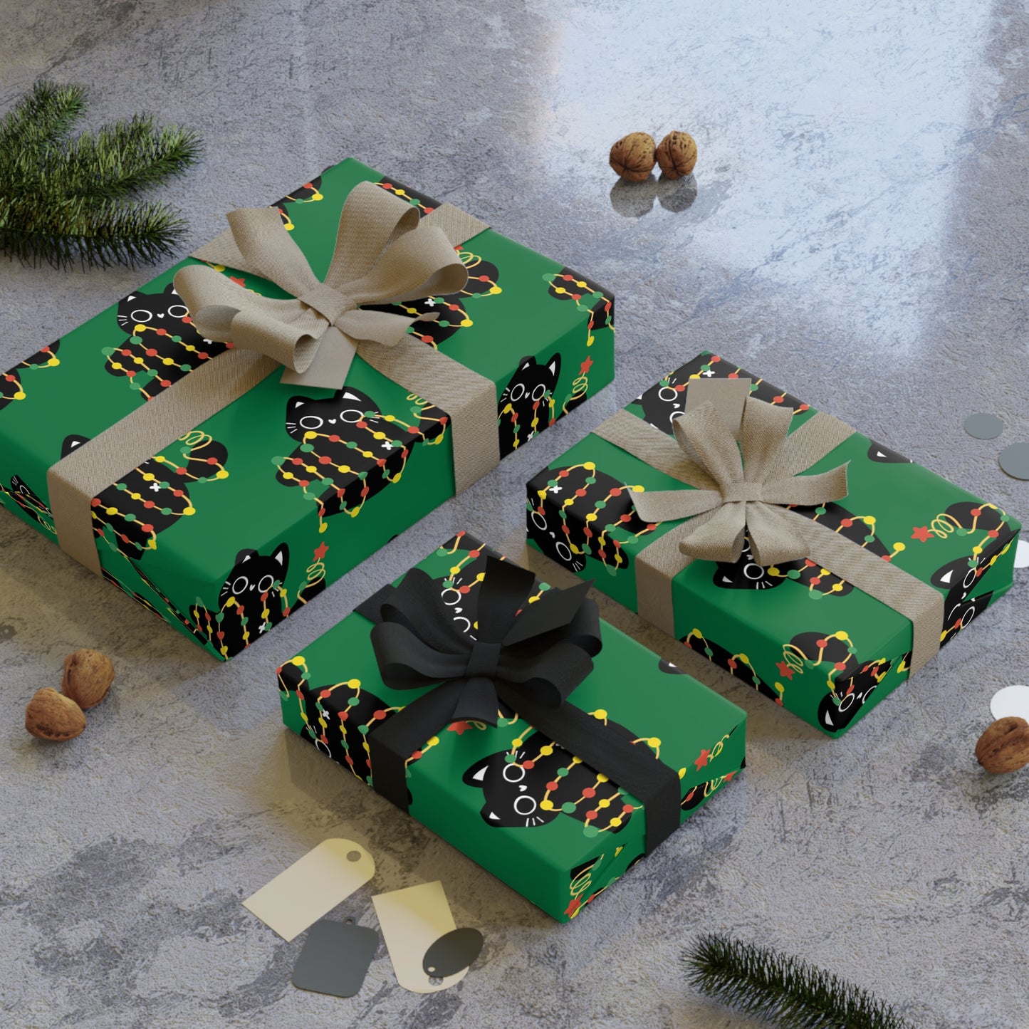 Cat Tangled in Christmas Lights Wrapping Paper Roll (Green)