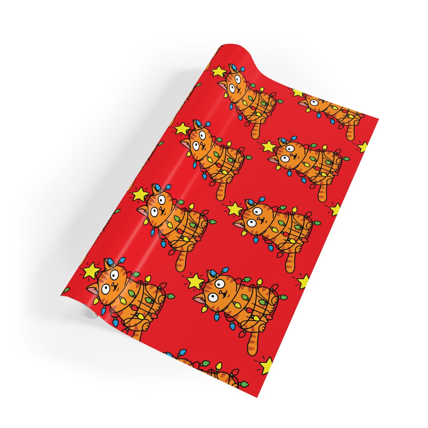 Orange Cat Tangled in Christmas Lights Wrapping Paper Roll (Red)