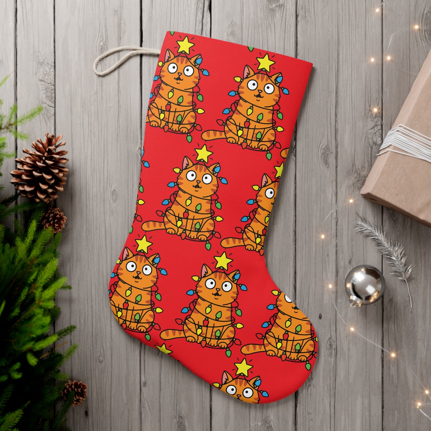 Orange Cat Christmas Stocking (Red)