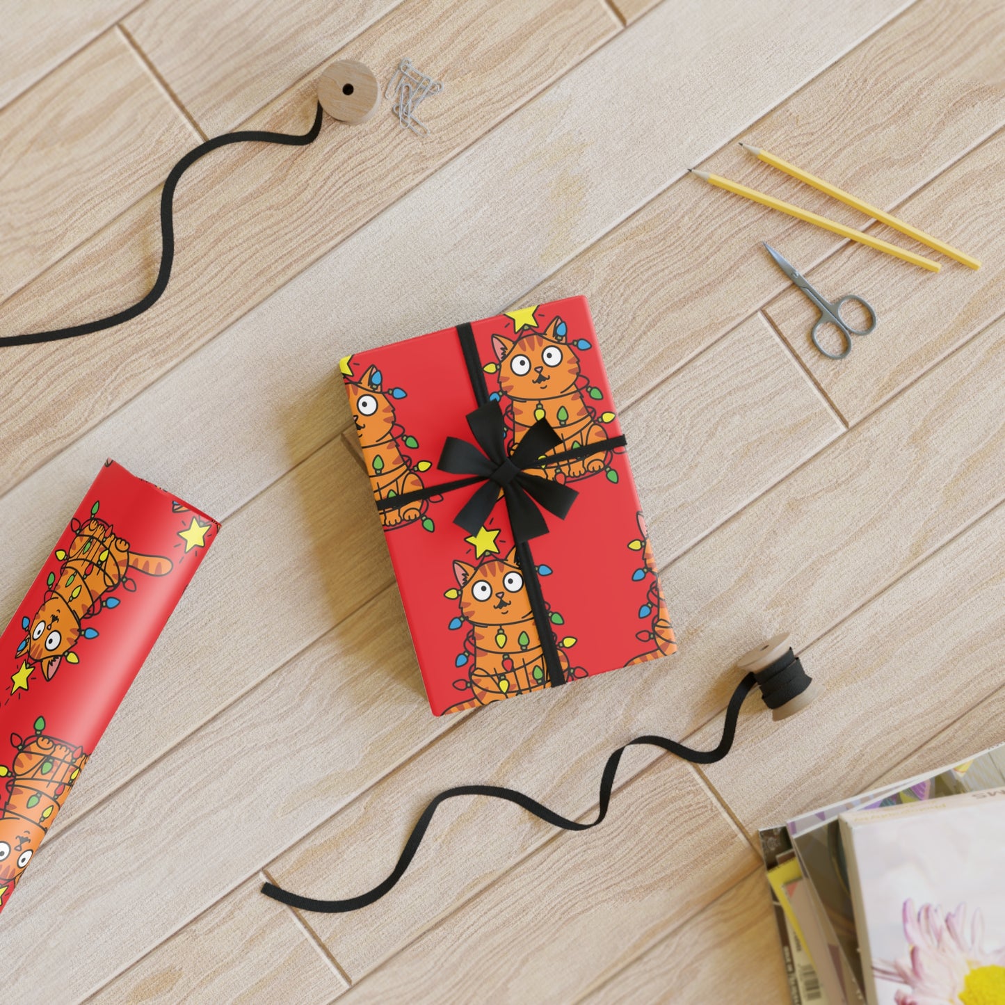 Orange Cat Tangled in Christmas Lights Wrapping Paper Roll (Red)