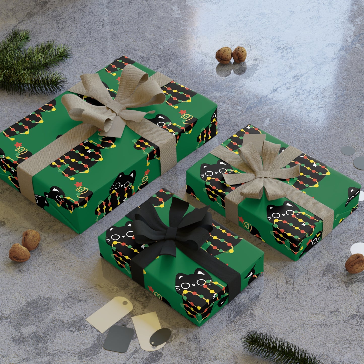Cat Tangled in Christmas Lights Wrapping Paper Roll (Green)