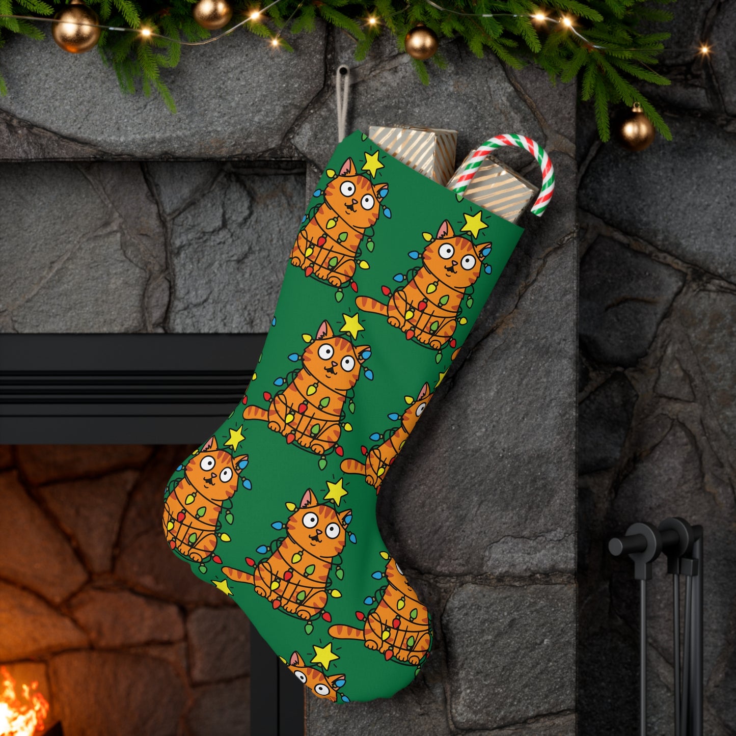 Orange Cat Christmas Stocking (Green)