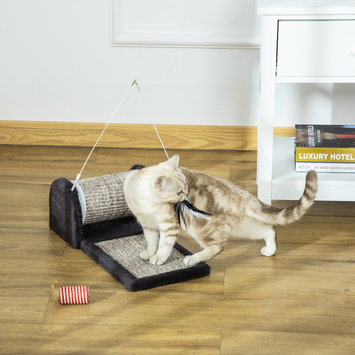 Cat Scratcher with Sisal Mat, Plush Bed & Feather Toy