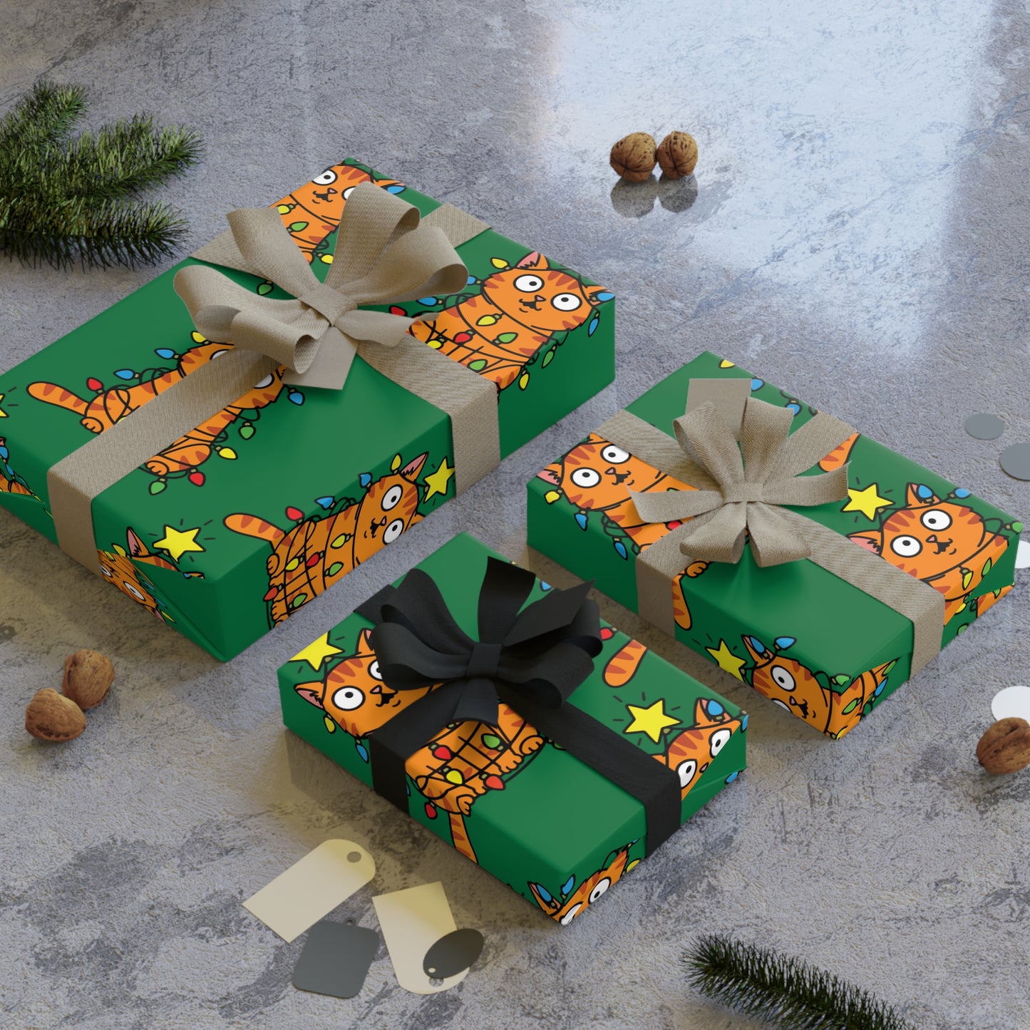 Orange Cat Tangled in Christmas Lights Wrapping Paper Roll (Green)