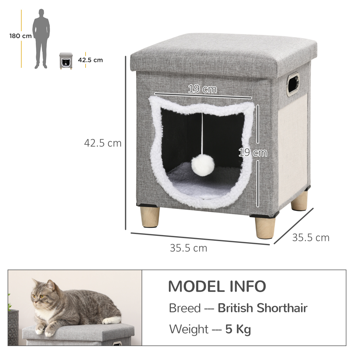 Grey Cat Ottoman Hideaway with Cushion and Scratch Pad