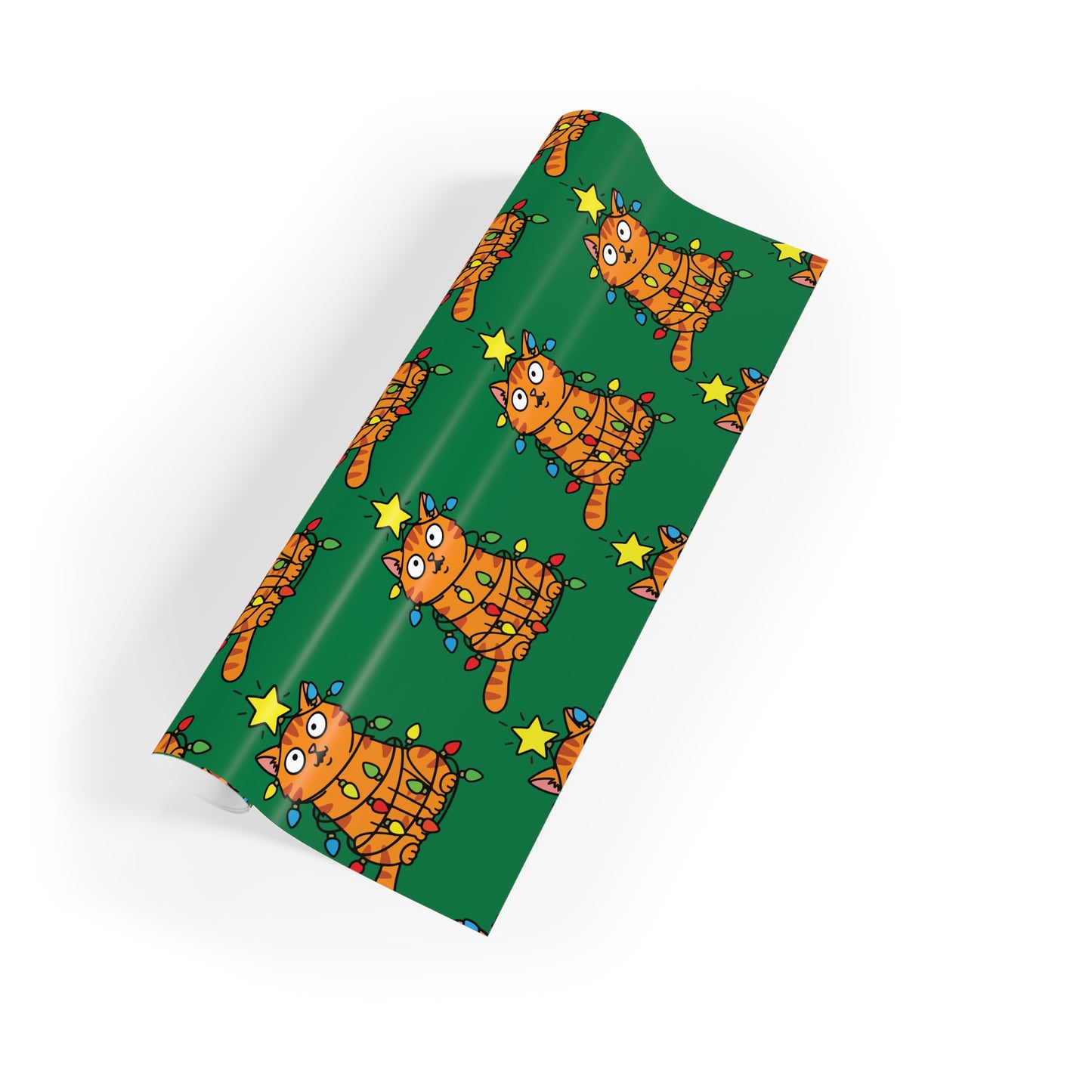 Orange Cat Tangled in Christmas Lights Wrapping Paper Roll (Green)