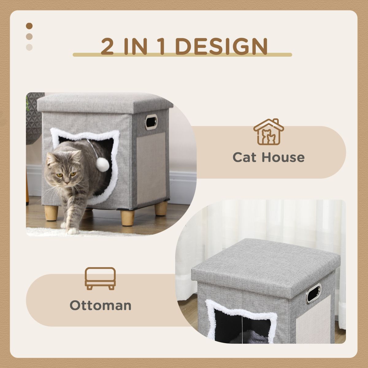Grey Cat Ottoman Hideaway with Cushion and Scratch Pad