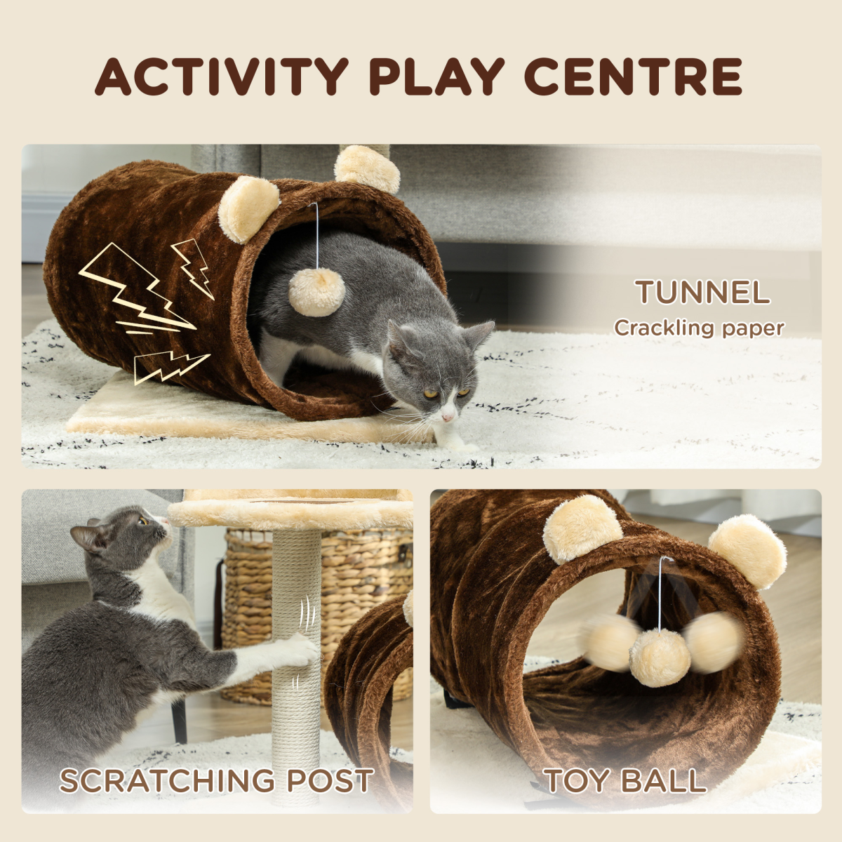 Cat Tree with Tunnel, Scratching Post & Bed