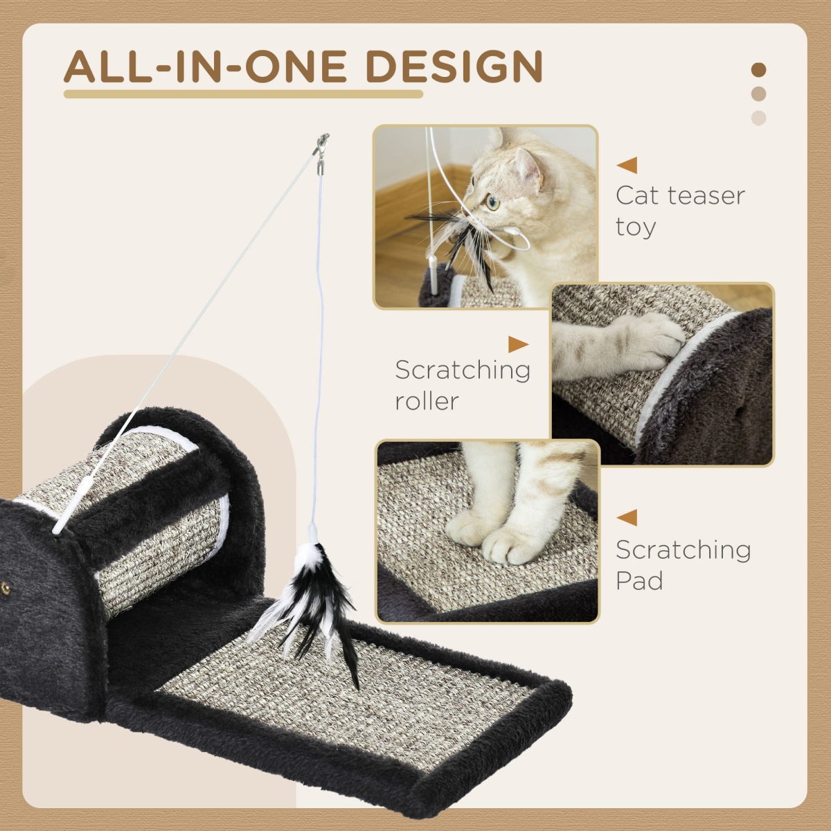 Cat Scratcher with Sisal Mat, Plush Bed & Feather Toy