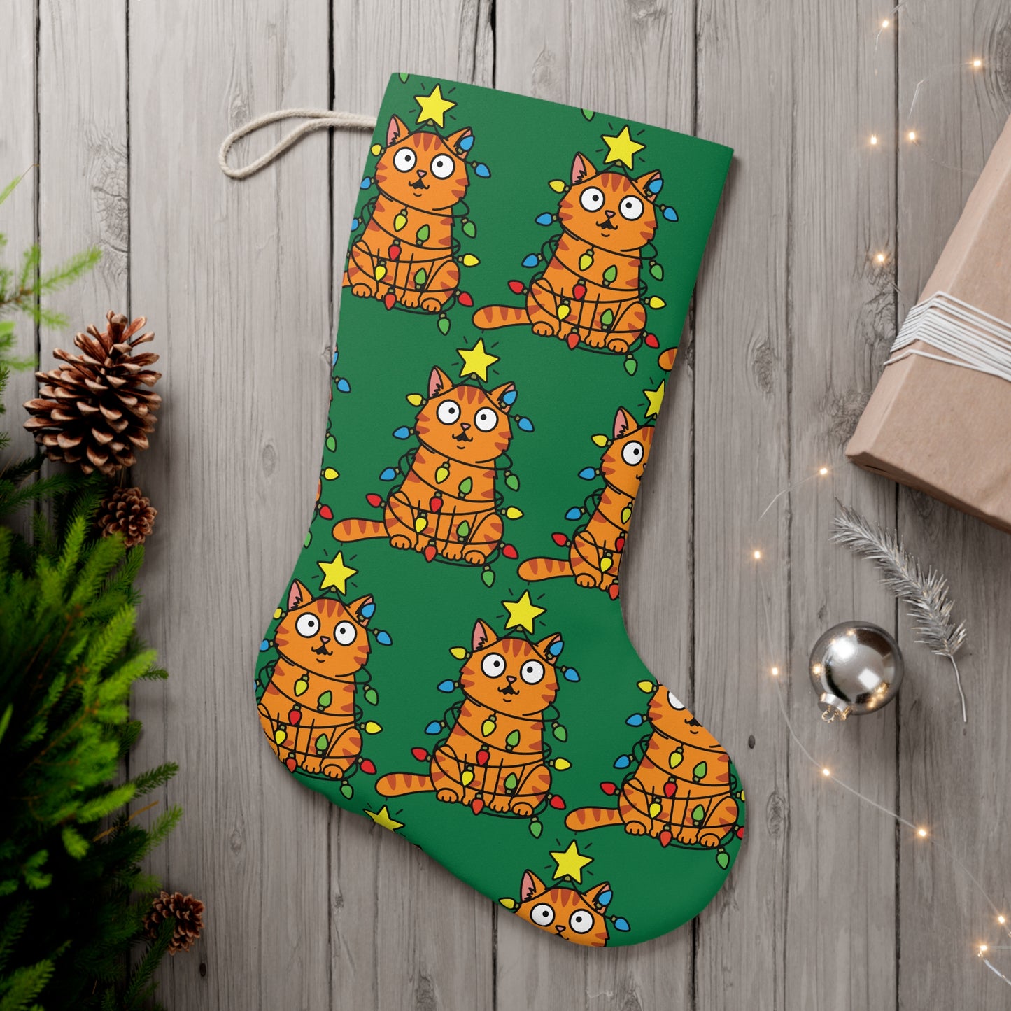 Orange Cat Christmas Stocking (Green)