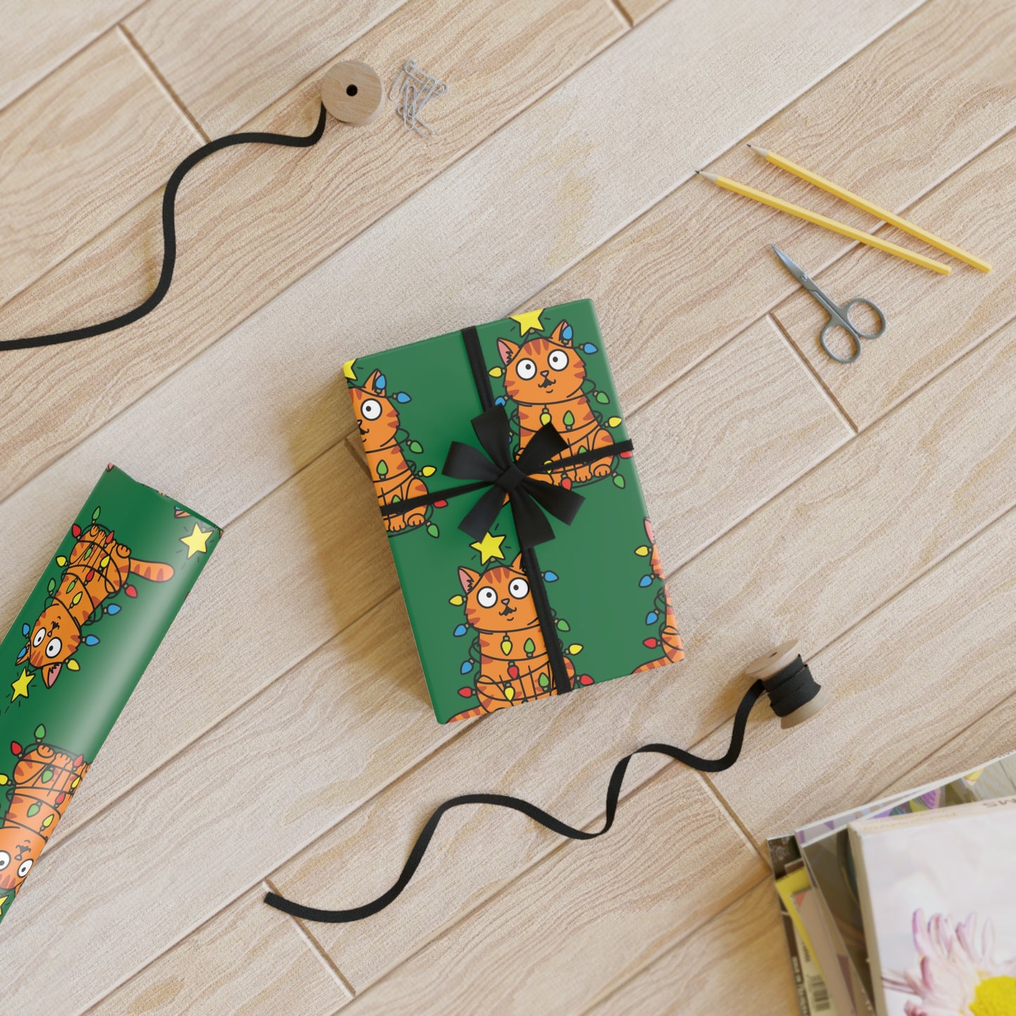 Orange Cat Tangled in Christmas Lights Wrapping Paper Roll (Green)