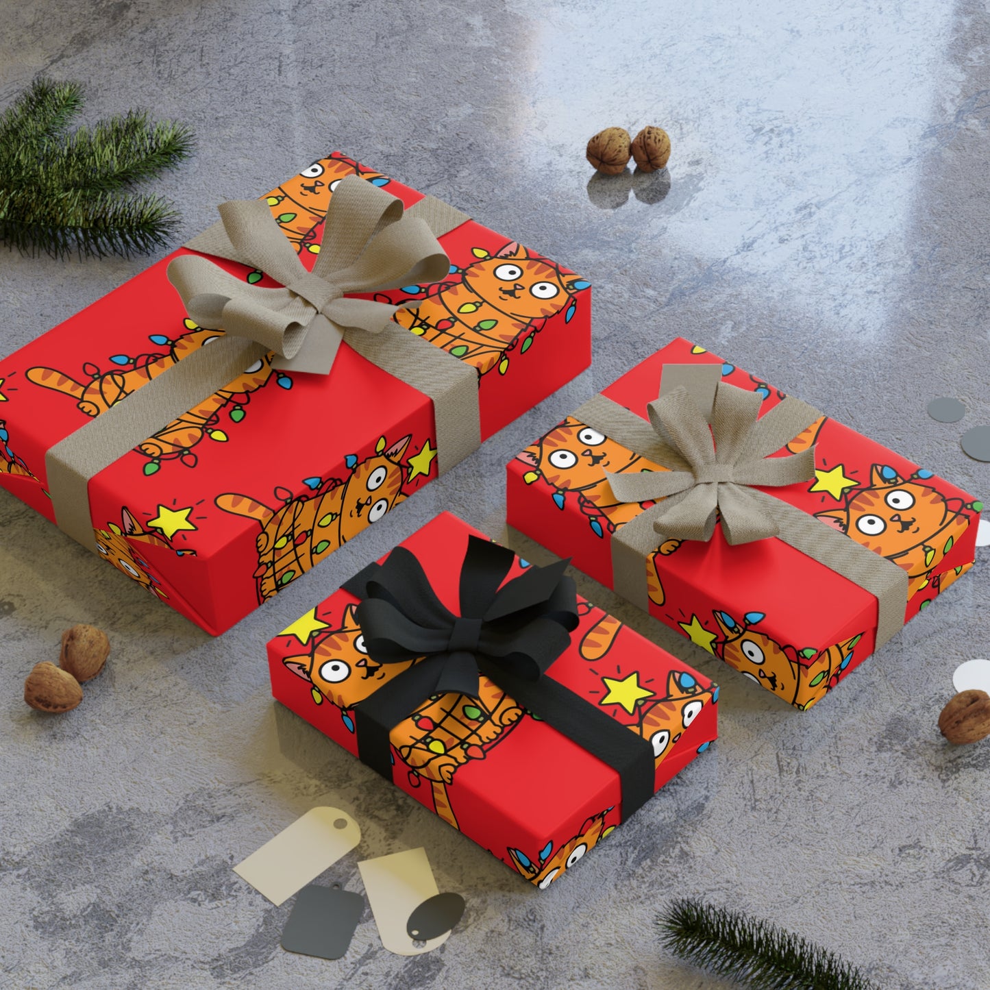 Orange Cat Tangled in Christmas Lights Wrapping Paper Roll (Red)