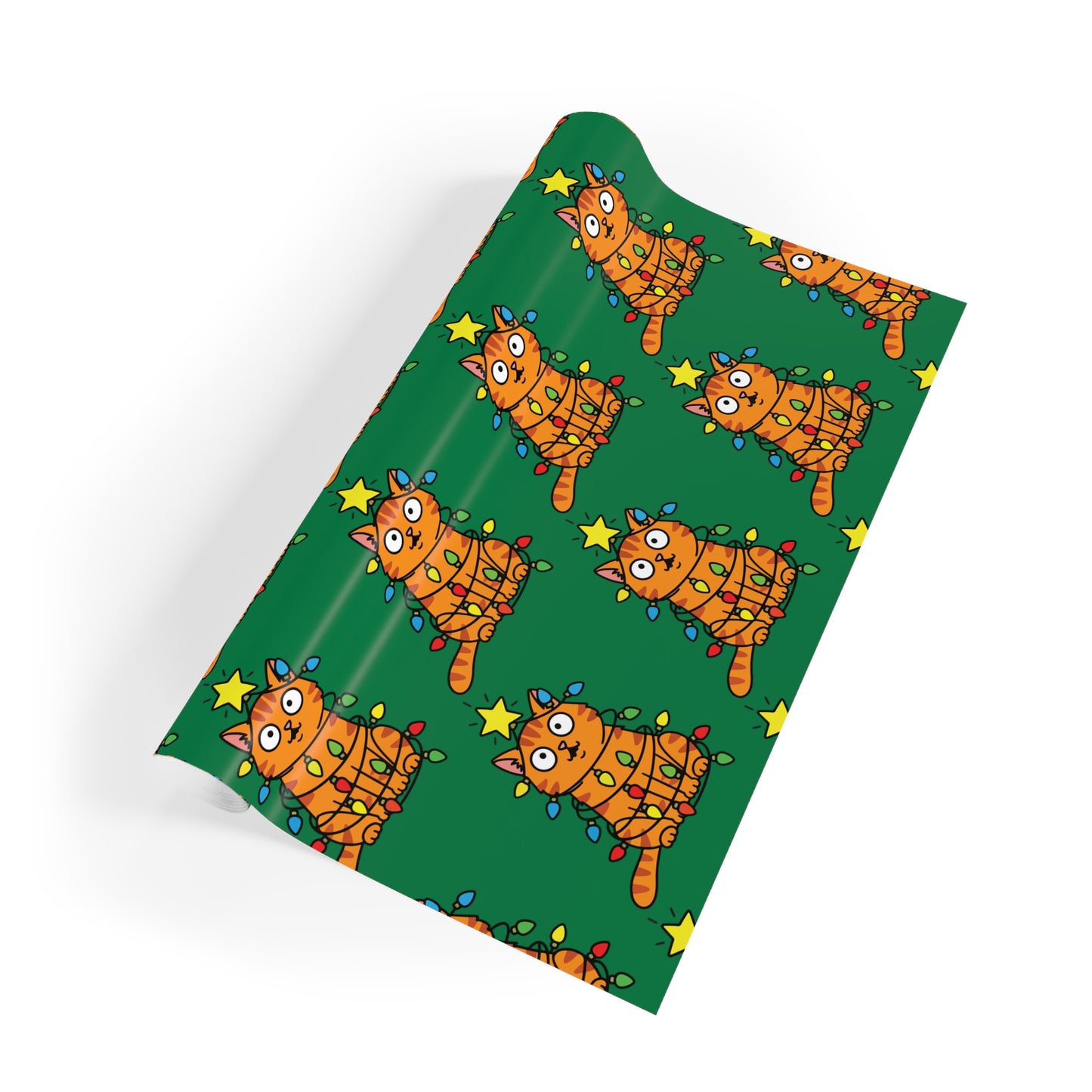 Orange Cat Tangled in Christmas Lights Wrapping Paper Roll (Green)