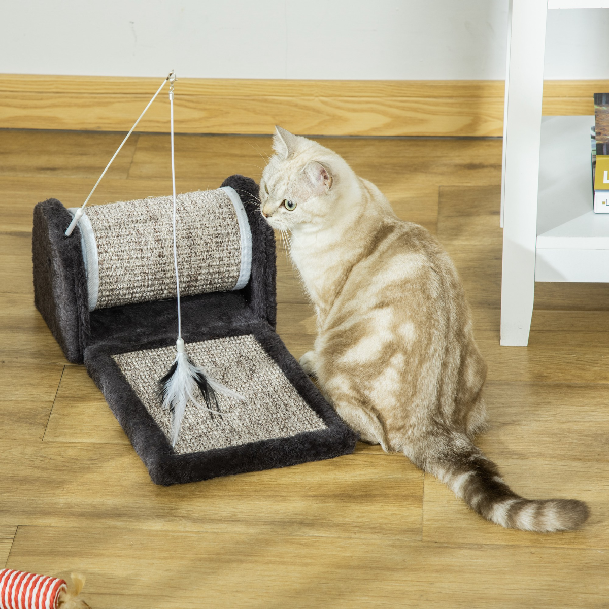 Cat Scratcher with Sisal Mat, Plush Bed & Feather Toy
