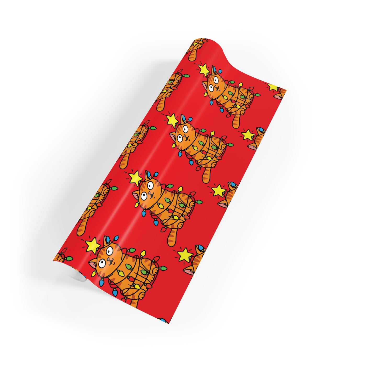 Orange Cat Tangled in Christmas Lights Wrapping Paper Roll (Red)