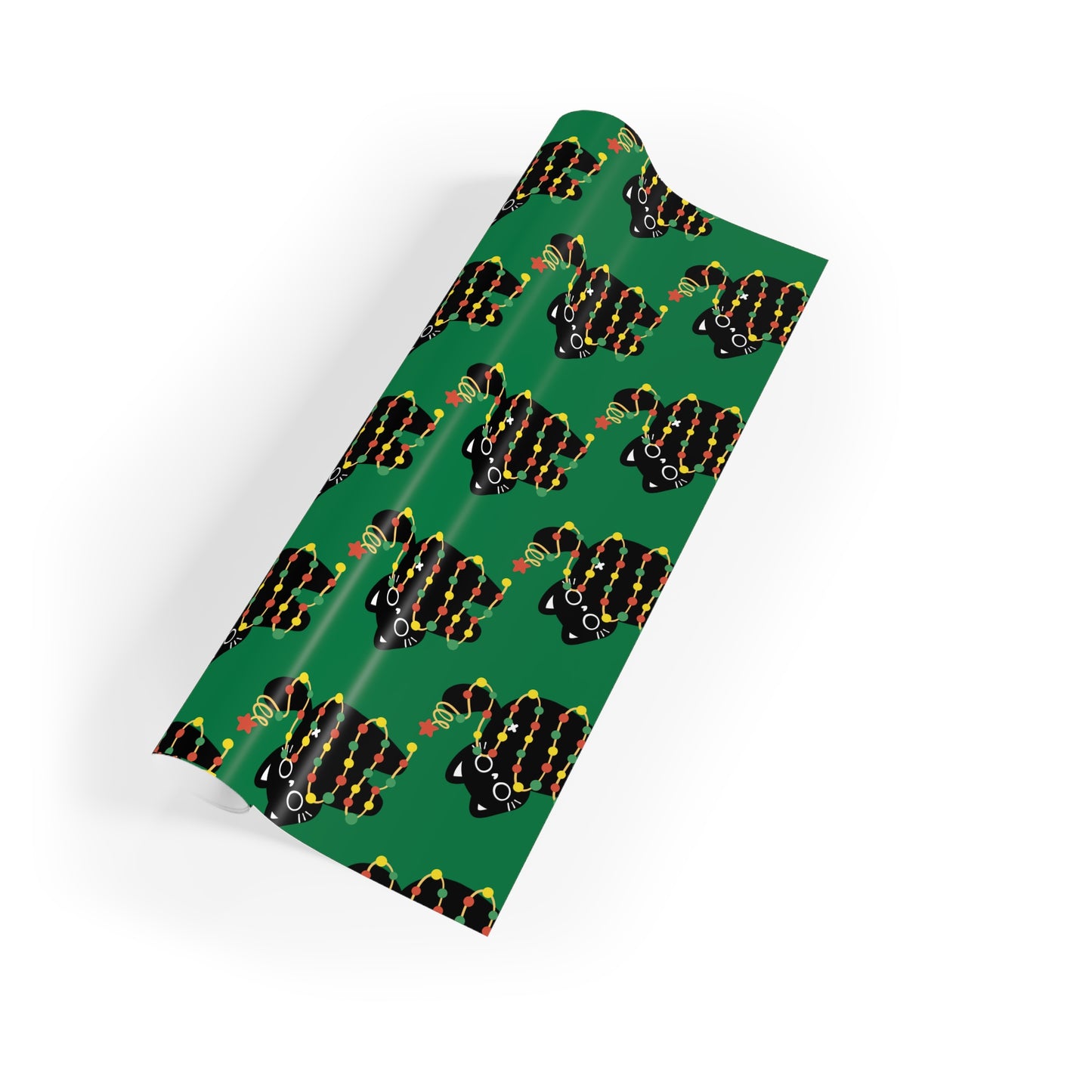 Cat Tangled in Christmas Lights Wrapping Paper Roll (Green)