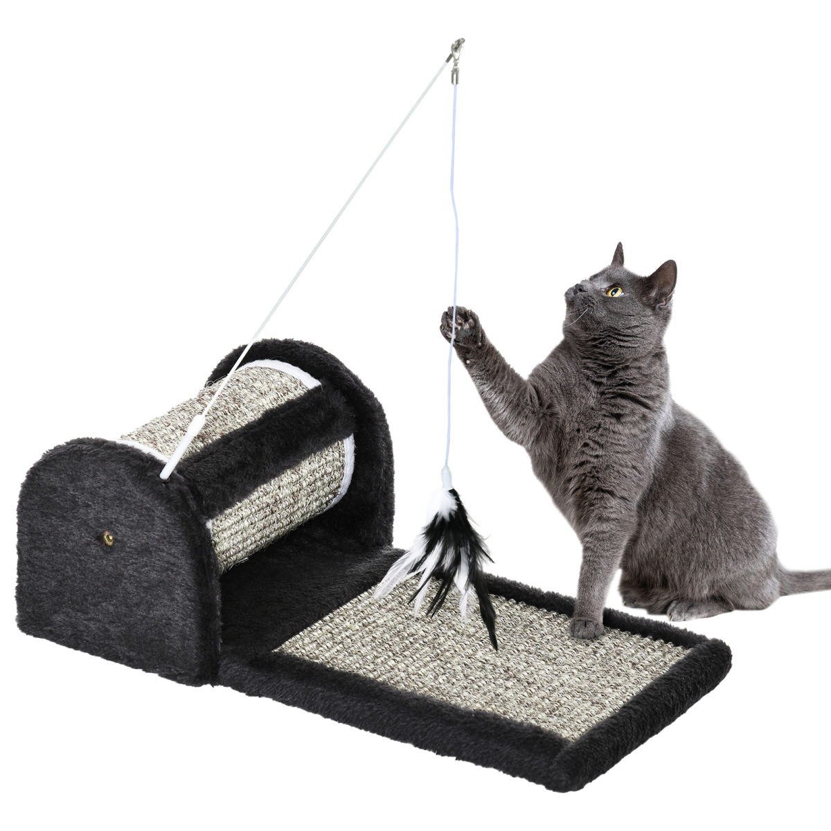 Cat Scratcher with Sisal Mat, Plush Bed & Feather Toy