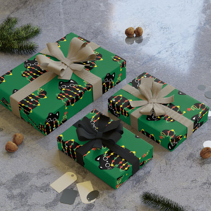 Cat Tangled in Christmas Lights Wrapping Paper Roll (Green)