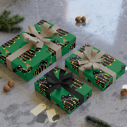 Cat Tangled in Christmas Lights Wrapping Paper Roll (Green)