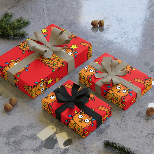 Orange Cat Tangled in Christmas Lights Wrapping Paper Roll (Red)