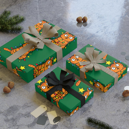 Orange Cat Tangled in Christmas Lights Wrapping Paper Roll (Green)
