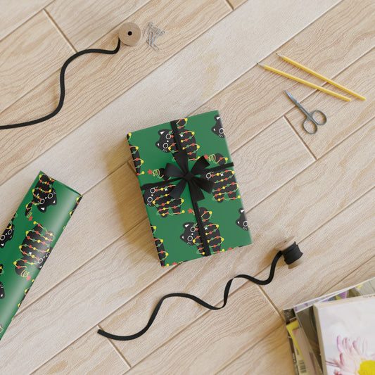 Cat Tangled in Christmas Lights Wrapping Paper Roll (Green)