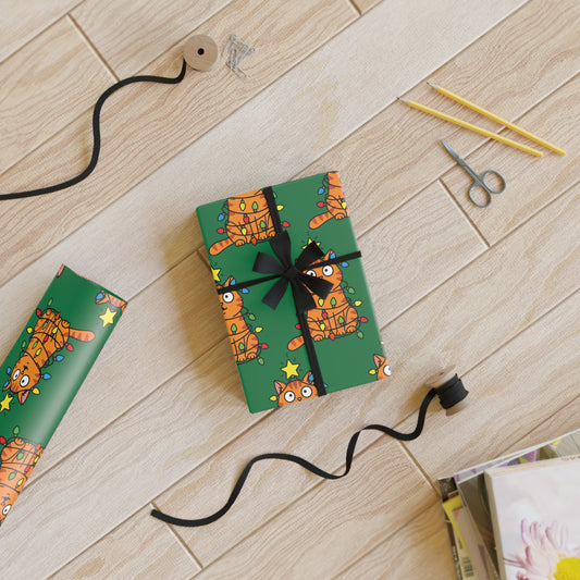 Orange Cat Tangled in Christmas Lights Wrapping Paper Roll (Green)