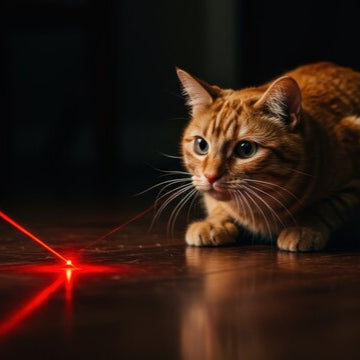Cat playing with a red laser pointer on a dark surface